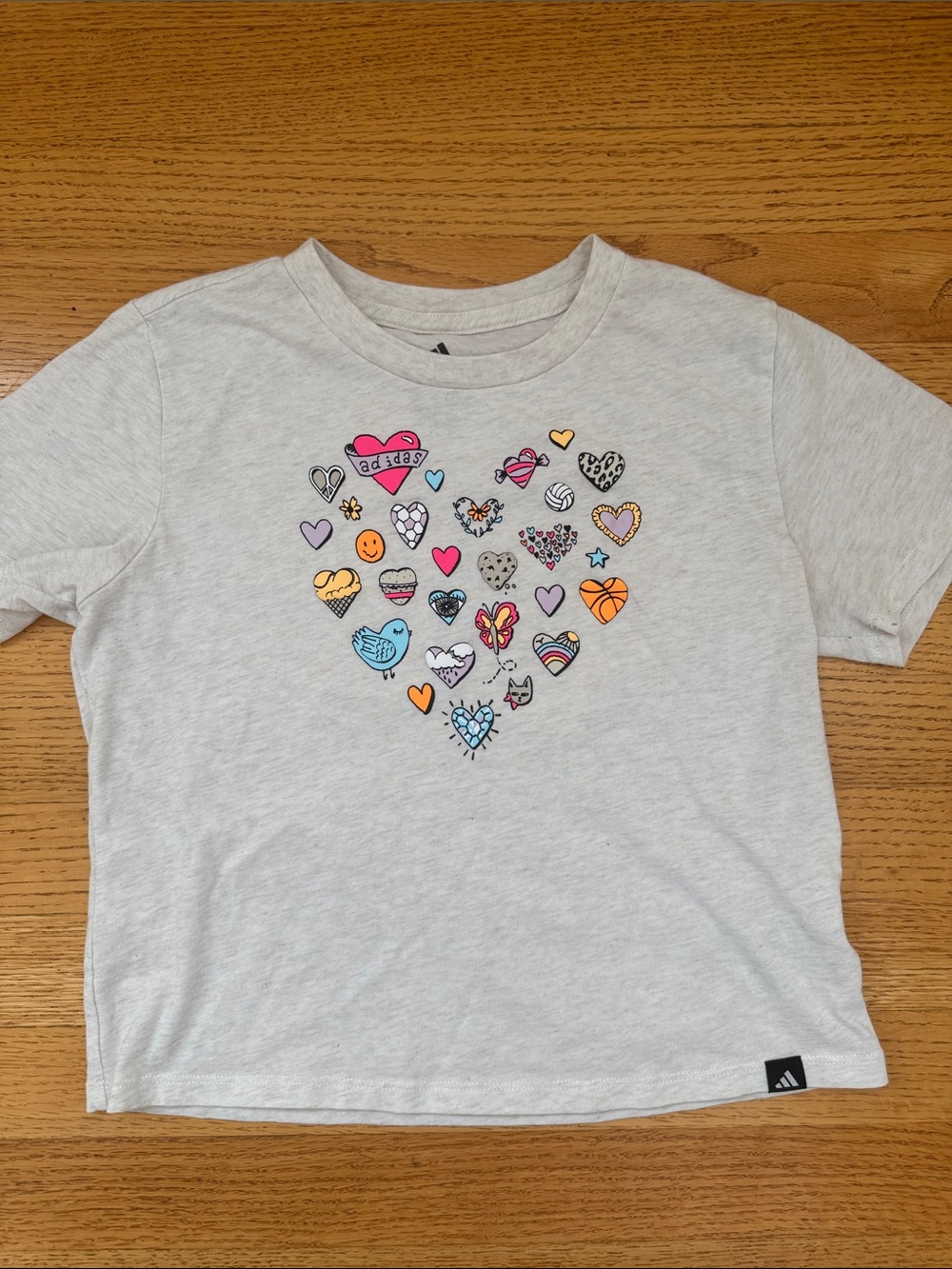 adidas Light Gray Tee with Colorful Heart Motifs